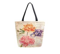 Sac fourre-tout en toile Vintage Music Flower Woman Sac de plage Rétro Roses Iris Sac à bandoulière Grand sac à main réutilisable léger pour le shopping, les courses, les voyages