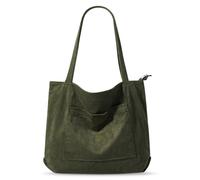 Sac Fourre-Tout en Velours Côtelé - Grand Cabas Femme Avec Bandoulière, Fermeture Éclair et Poches - Pour Cours et Courses (Vert)