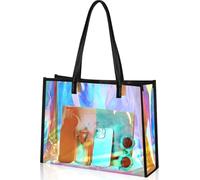 Sac fourre-tout holographique transparent avec poignée en cuir irisé pour enterrement de vie de jeune fille, sac de plage pour travail, stade, voyage, Noir , one size