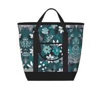 Sac fourre-tout isotherme à motif floral bleu sarcelle et blanc idéal pour la livraison de nourriture, l'isolation de voyage ou pour garder au froid à la plage, noir, Taille unique