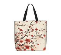 Sac fourre-tout japonais à motif floral prune printanière - Sac de courses décontracté réutilisable pour le shopping, le travail, les voyages, l'école, Noir , Taille unique