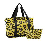 Sac fourre-tout jaune avec motif léopard artificiel pailleté, sac de week-end avec compartiment humide, sangle réglable, sac de gym pour yoga, pliable pour homme et femme