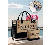 Sac fourre-tout kaki avec motif contrastant de lettres noires imprimées "With God", et sac à maquillage de la même couleur. "Tout est possible", motifs religieux, Jésus et Dieu sont des articles essen