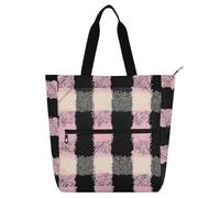 Sac fourre-tout léger et réutilisable avec fermeture éclair pour enfants, garçons et filles, motif à carreaux noirs et roses, sac d'épicerie avec fermeture éclair pour l'école, le shopping, la plage