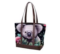 Sac fourre-tout mignon Koala Leaves-1915 en cuir durable et toile pour femme avec poignée sur le dessus et l'épaule, Multicolore 01, 33.8x12x31cm/13.3x4.7x12.2 in