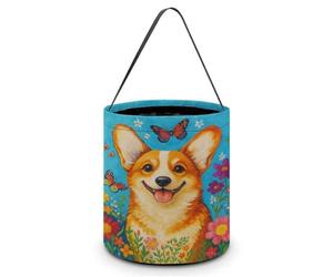 Sac fourre-tout multifonction pliable et réutilisable avec poignée, motif fleurs et chien heureux, idéal pour un anniversaire ou une fête.