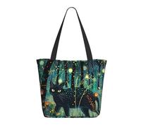 Sac fourre-tout mystique chat noir lucioles pour femme - Sac fourre-tout léger et réutilisable en toile avec fermeture éclair, sac fourre-tout en coton avec dragonne pour sacs d'épicerie, sacs de