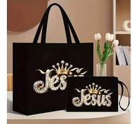 Sac fourre-tout noir portable sur le thème de Jésus et trousse de maquillage, grand sac à main en lin pour femme à capacité élevée, Dieu, Jésus, christianisme, activités religieuses, motif de couronne