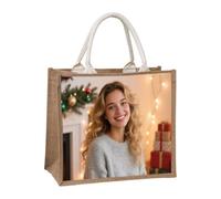 Sac fourre-tout personnalisé en jute avec photo personnalisée avec sacs de voyage Phot avec poignées, peinture personnalisée sur un seul côté pour le shopping mariage, marron naturel, Standard