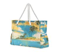 Sac fourre-tout portable et lavable avec poches latérales et porte-gobelets sur le côté Motif plage de sable bleu ciel et mer Jaune