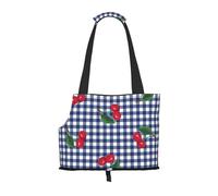 Sac fourre-Tout pour Animaux de Compagnie, Sac à Main Portable de Voyage pour Chien avec Boucle de sécurité en métal pour la randonnée en métro, Imprimer des Cerises à Carreaux Bleus