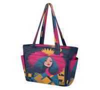 Sac fourre-tout pour femme, sac à bandoulière pour la plage avec fond renforcé bleu violet cheveux reine couronne art