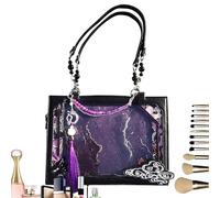 Sac fourre-tout pour femme | Sac à bandoulière vintage, avec breloque, fenêtre transparente, fournitures de voyage pour ranger des cosmétiques, un ordinateur portable, noir/violet, Refer to