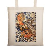 Sac fourre-tout rétro en coton naturel écologique Samouraï Motif dragon de combat Beige
