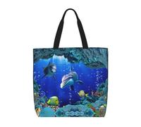 Sac fourre-tout réutilisable en toile avec imprimé dauphi de poissons et de dauphis du monde sous-marin, grand sac à main portable avec poche intérieure