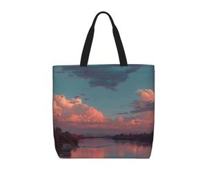 Sac fourre-tout réutilisable en toile avec imprimé River and The Great Sky pour femme, grande pochette en toile portable avec poche intérieure