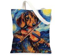 Sac fourre-tout réutilisable en toile motif teckel pour faire ses courses, 33 x 38,1 cm, motif violon étoilé, sac d'épicerie réutilisable pour femme, animal de compagnie, chiot, peinture, décoration