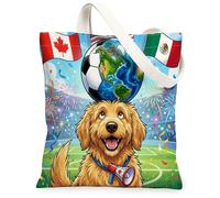 Sac fourre-tout réutilisable en toile pour faire ses courses avec chien de football doré - 33 x 38,1 cm - Pour femme - Motif sportif et esthétique - Cadeau décoratif