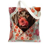 Sac fourre-tout réutilisable en toile pour la Saint-Valentin Motif chien pointeur allemand 33 x 38 cm Lettre d'amour chiot Sac d'épicerie réutilisable pour femme, amant, peinture esthétique