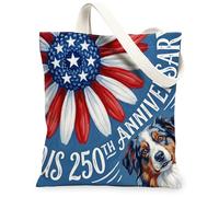 Sac fourre-tout réutilisable en toile pour le 250e anniversaire de mariage, 33 x 38 cm, 4 juillet, motif imprimé de berger australien, sac d'épicerie pour femme, peinture patriotique esthétique