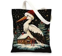 Sac fourre-tout réutilisable en toile pour le shopping, 33 x 38 cm, motif cigognes de Noël, sac d'épicerie réutilisable pour femme, travail d'hiver, voyage, peinture, décoration cadeau