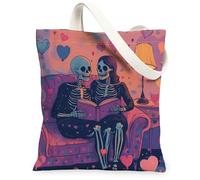 Sac fourre-tout romantique en toile de Saint-Valentin pour faire du shopping 33 x 38,1 cm, motif squelette tête de mort couple amour réutilisable motif d'épicerie sac pour femme, amoureux amusant