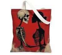 Sac fourre-tout romantique en toile de Saint-Valentin pour faire du shopping 33 x 38,1 cm, motif tête de mort squelette, couple, amour, mariage, sac d'épicerie réutilisable pour femme, amoureuse