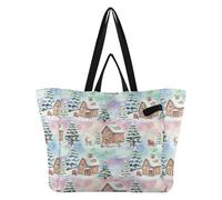 Sac fourre-tout tendance en toile pour femme - Motif de village enneigé - Motif de Noël - Pour enterrement de vie de jeune fille