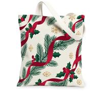 Sac fourre-tout traditionnel en toile Motif houx 38,1 cm | Branches de pin, rubans festifs, motifs flocons de neige dorés, motif botanique d'hiver, accessoire de shopping réutilisable