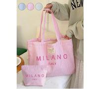 Sac fourre-tout vintage à rayures roses et blanches avec imprimé "Milan", sac fourre-tout en canevas grande capacité pour femmes, fermeture éclair de la même couleur, sac à bandoulière multifonctionne