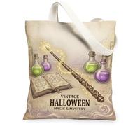 Sac fourre-tout vintage en toile avec citation du livre de sorts magiques | Bouteilles de potion lumineuses, livre de sorts ouvert, symboles mystiques, fond parchemin vintage, thème fantaisie