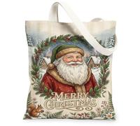 Sac fourre-tout vintage en toile avec citation du Père Noël 33 x 38 cm | Illustration vintage, paysage d'hiver, baies de houx, forêt de pins, thème de vacances nostalgique, décoration d'intérieur