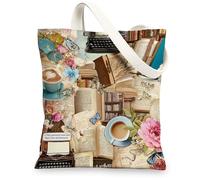 Sac fourre-tout vintage en toile littéraire - Motif floral - Réutilisable - Léger et écologique - Avec sangle - 33 x 38 cm