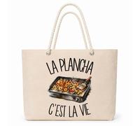 Sac Isotherme La plancha c'est la vie | Grand Cabas 23 L en Coton avec Doublure Aluminium Double Paroi Zip et Anses Corde | Pique-Nique Courses Cuisinier du Dimanche