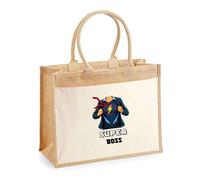 Sac jute avec pochette Super Boss | Cadeau Passionné Anniversaire Noël fêtes des mères Sac de shopping grande pochette