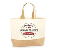 Sac Jute de la Meilleure Auxiliaire de justice du monde 1- Cabas de Plage Courses et Toile de Jute - Idée Cadeau Femme Personnalisable Anniversaire Original Travail Départ Collègue Retraite Noël.