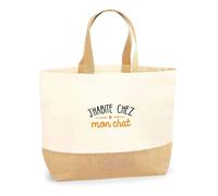 Sac Jute J’habite chez mon chat | Bag | Idée Sac Cadeau Anniversaire Plage Marché Fête Original Famille Travail Départ Collègue Retraite