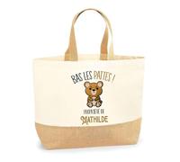 Sac jute Mathilde Bas les pattes Ours | Cabas de Plage Fête des mères Courses Coton et Toile de Jute Idée Cadeau