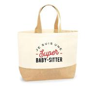 Sac Jute Super Baby Sitter | Cabas de Plage Courses Coton et Toile de Jute | Idée Cadeau Petite Amie Copine Maman Noël Anniversaire Fête des Mères