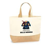 Sac jute Super Belle-Maman | Cabas de Plage Fête des mères Courses Coton et Toile de Jute Idée Cadeau
