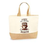 Sac La Cheffe Chouette grain | Cabas de Plage Courses Coton et Toile de Jute Idée Cadeau Femme