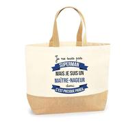 Sac Maître-Nageur Superhéros | Cabas de Plage Courses Coton et Toile de Jute Idée Cadeau Homme, Beige