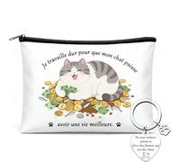 Sac Maquillage Chat Porte-Clés Chat - Cadeau pour Femme Amoureuse des Chats - Texte Drôle Je Travaille Dur pour Mon Chat & Force des Femmes avec des Chats - Idée Cadeau Anniversaire Noël Fête des