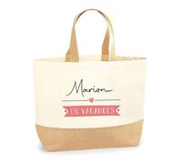 Sac Marion en Vacances | Cabas de Plage Courses Coton et Toile de Jute Idée Cadeau Femme