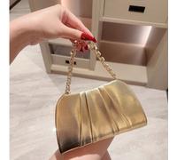 Sac Moonlit Eve - Un sac pochette plissé scintillant en or. Design élégant à grain croisé doré avec une bandoulière chaîne de strass étincelante, convient aux jeunes filles, mariées, étudiantes, jeune