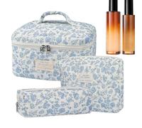Sac organisateur de maquillage de voyage, ensemble de trousse de maquillage matelassée | Ensemble de trousses de toilette en coton matelassé floral 3X | Étui de voyage pour pinceaux de maquillage pour