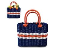 Sac Panier à provisions tressé - Sac à main - Sac de plage - En plastique - Sac de shopping bohème - Sac en raphia pour femme - Imperméable - Bleu