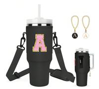 Sac porte-bouteille A-Z pour gourde de 40 oz avec 2 breloques lettres, 1 pièce lettre chenille auto-adhésive, porte-bouteille initial avec sangle pour accessoires de tasse, cadeaux de la Saint-Valenti