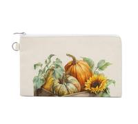 Sac portefeuille en toile, citrouilles, tournesols, vieille caisse en bois, porte-monnaie, porte-monnaie à fermeture éclair, petite trousse de maquillage