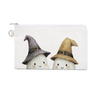 Sac portefeuille en toile, deux fantômes blancs mignons imprimés, porte-monnaie à fermeture éclair, petit sac à cosmétiques